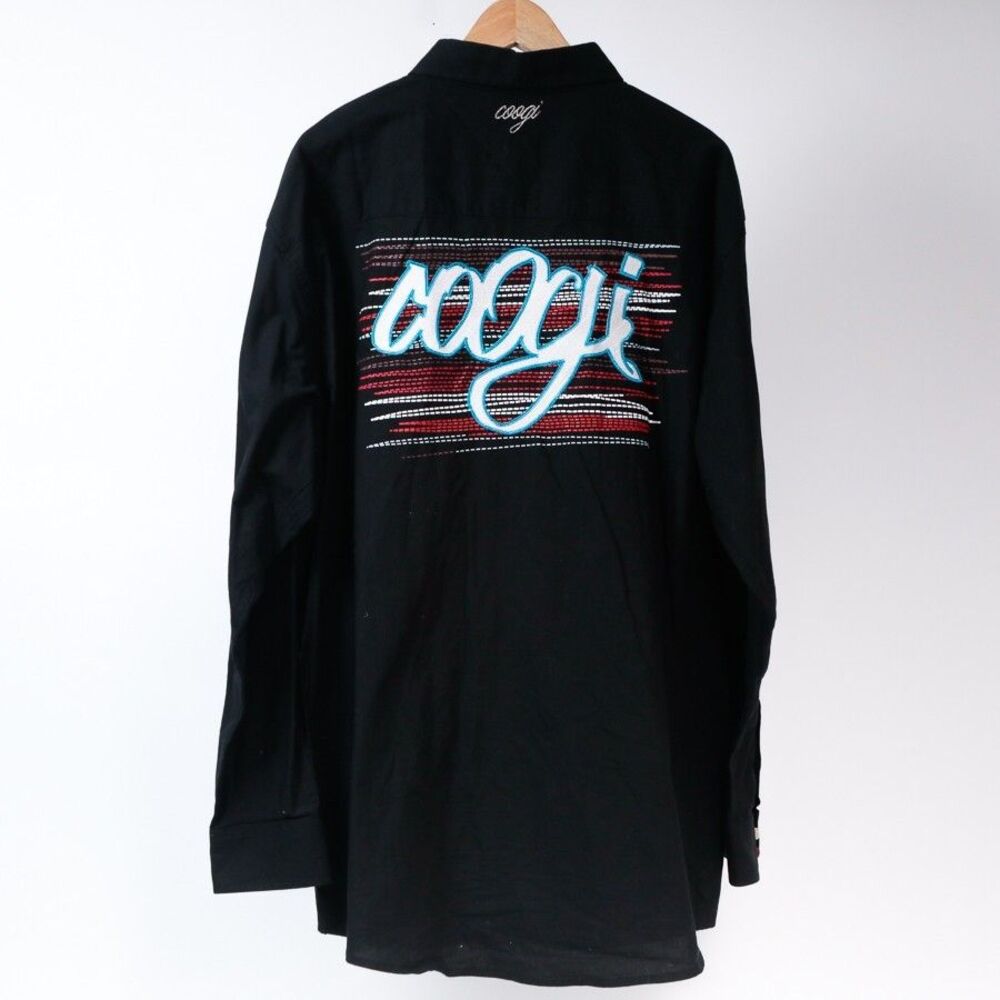 Coogi Black Graphic Embroidered Long Sleeve Button Down Shirt, XXL